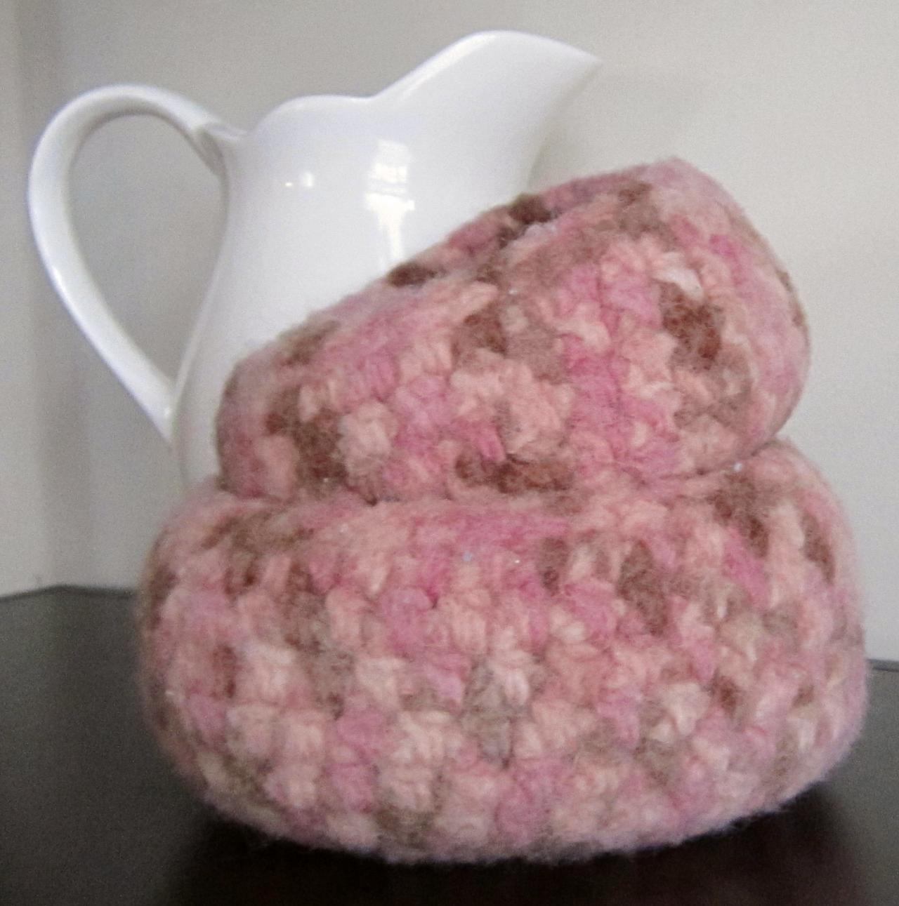 Set Of Two Pink Wool Felted Crocheted Nesting Bowls