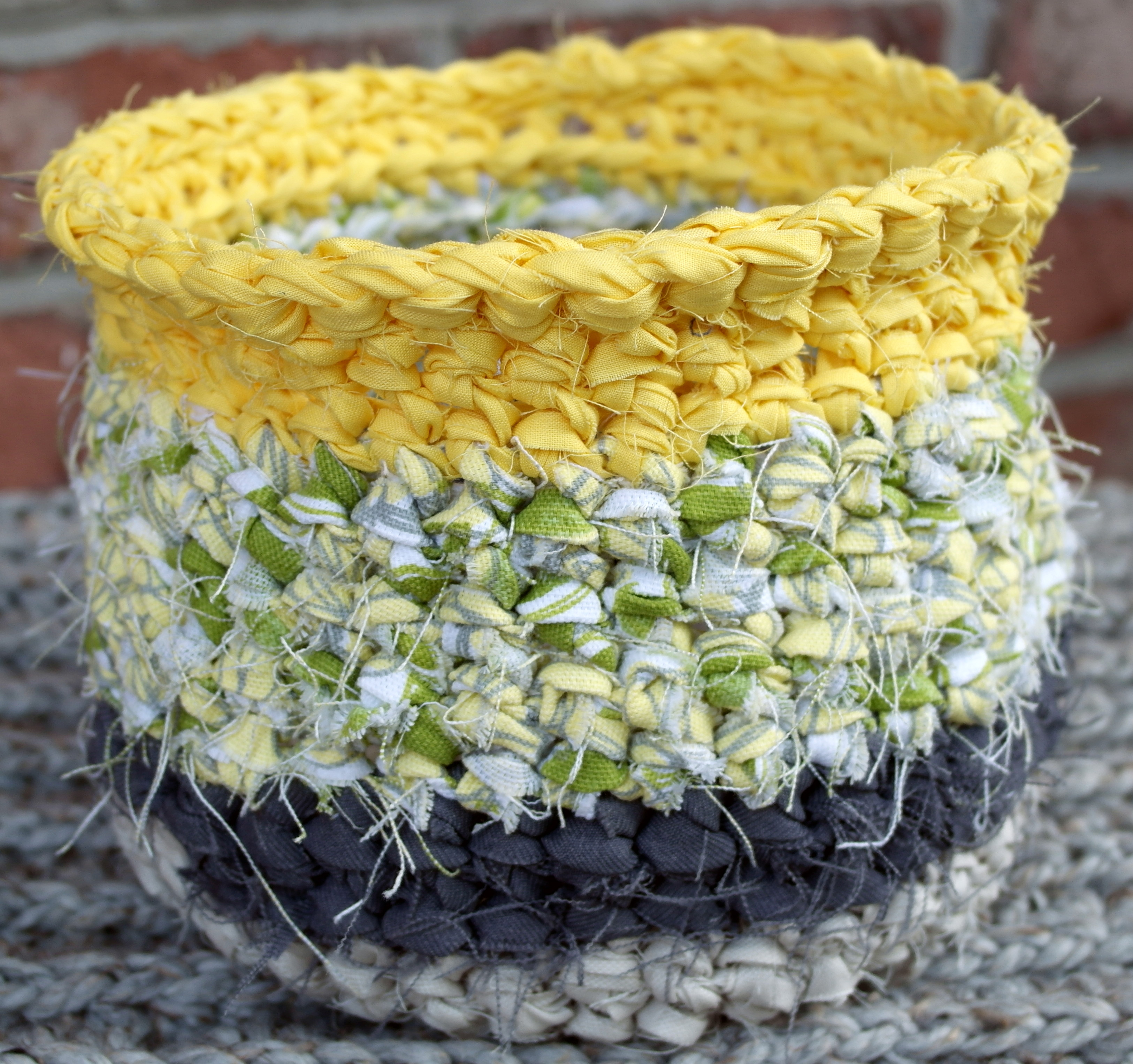 Grey And Yellow Rag Crochet Basket on Luulla
